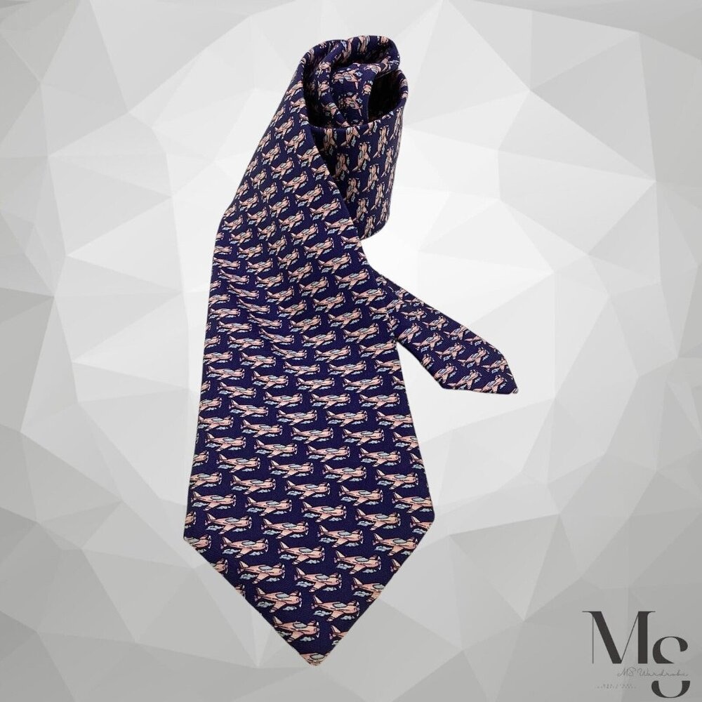 HARVIE & HUDSON Blue Airplane Print Silk Tie Made In England W:3.75" EX COND